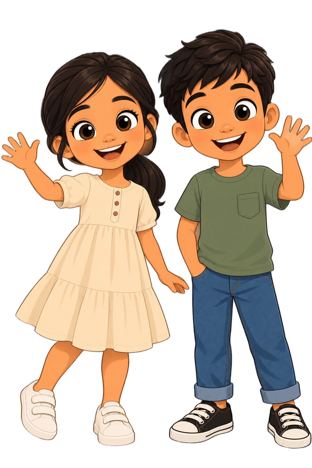Dina et Daoud, les mascottes d'Arabica Kids qui saluent de la main